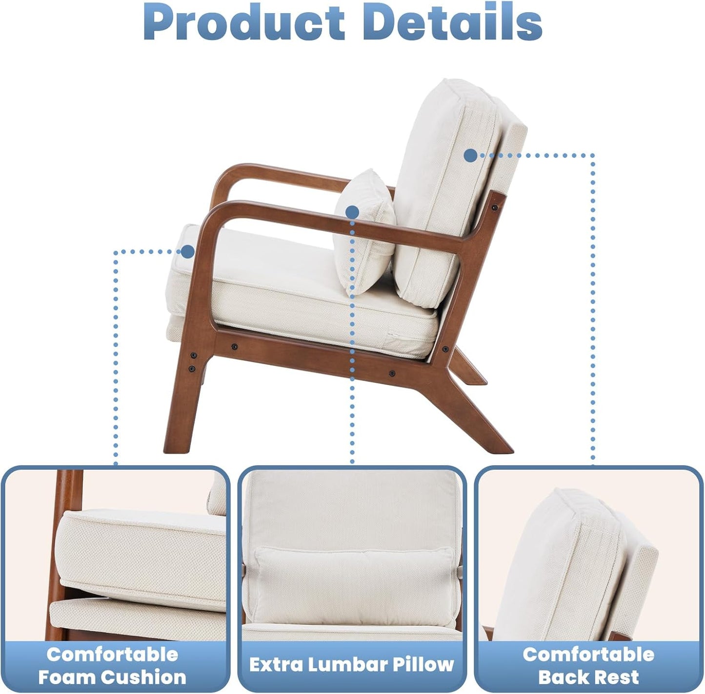 DUMOS Mid Century Modern Chair Set of 2, Accent Chair with Arms and Waist Cushion, Reading Chairs for Adults, Lounge Chair for Living Room and Bedroom, Solid Wooden Frame, Beige