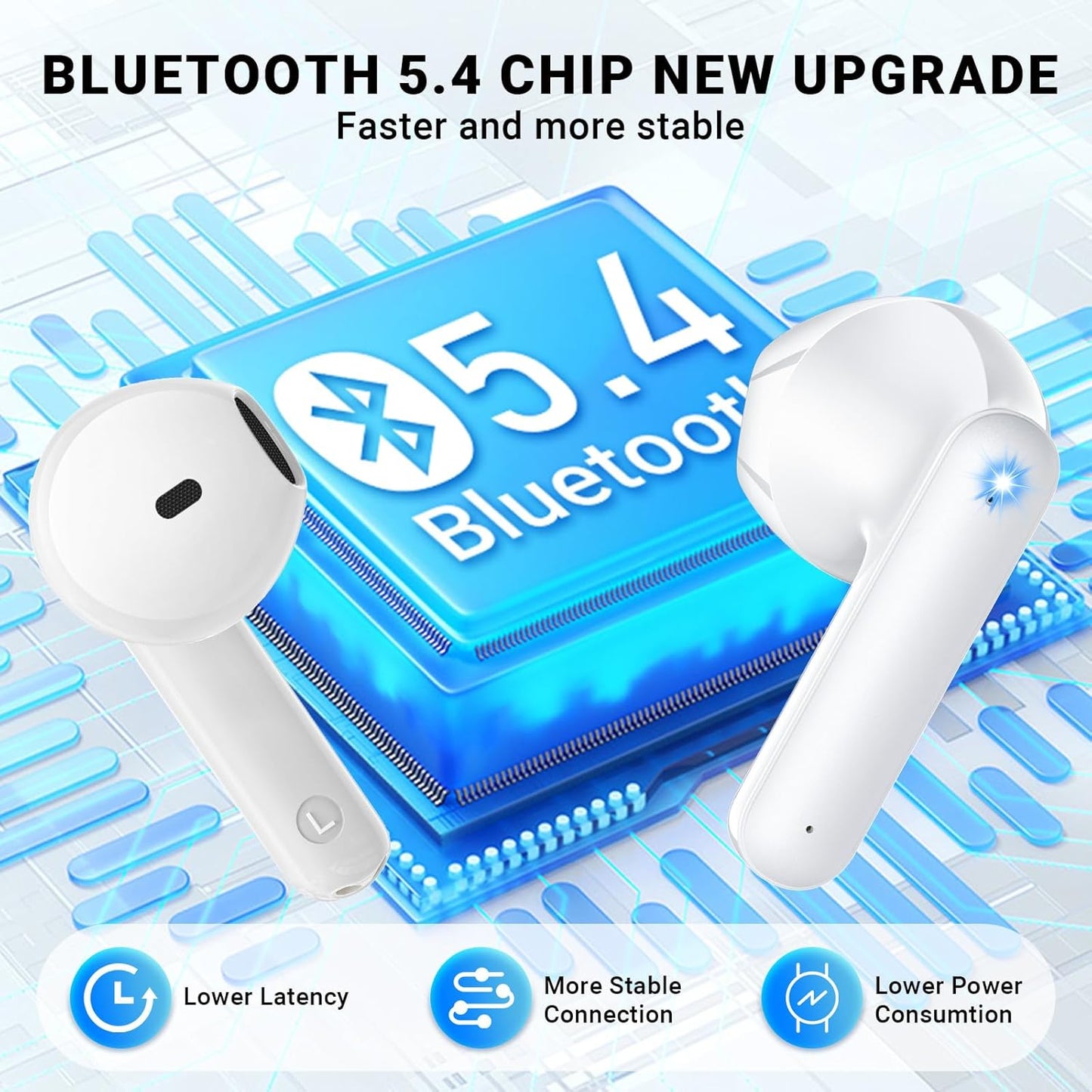 Wireless Earbuds, Bluetooth 5.4 Headphones with 42H Ultralight Ear Buds,Bluetooth Earbuds with 4 ENC Noise Cancelling Mics, HiFi Deep Bass Dual LED Display USB-C, Waterproof Earphones for Android iOS