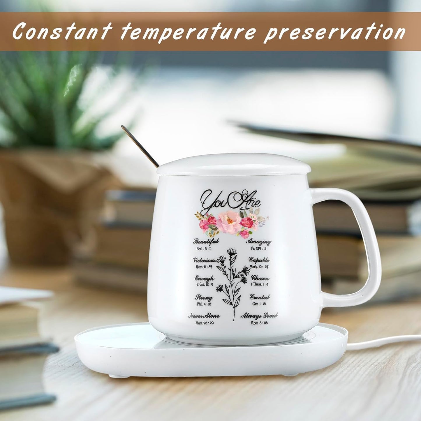 Suclain Christian Coffee Mug with Warmer Set for Women 13.5 oz Coffee Cup Mug Warmer for Desk Inspirational Electric Cup Warmer with Auto Shut Off for Home Office Mother Teacher Gifts(Elegant)