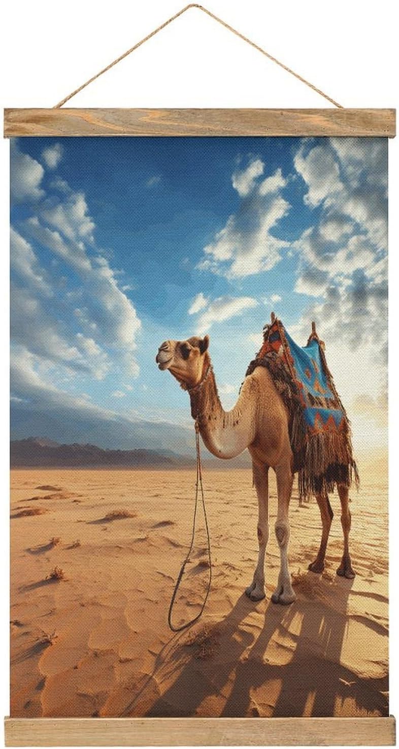 Vintage Camel Blue Sky Poster with Wooden Frame Personalized Linen Hanging Scroll Painting Rustic Wall Hanging Illustrative Modern Artwork Decor for Home Living Room Bedroom Office
