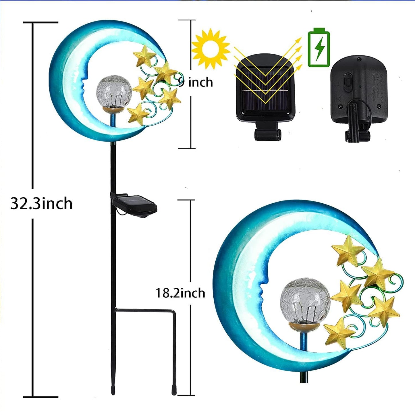 Stars Moon Solar Lights Outdoor - Solar Powered Garden Lights Decorative Crackle Glass Globe Led Waterproof Landscape Lighting for Pathway,Yard,Lawn,Patio