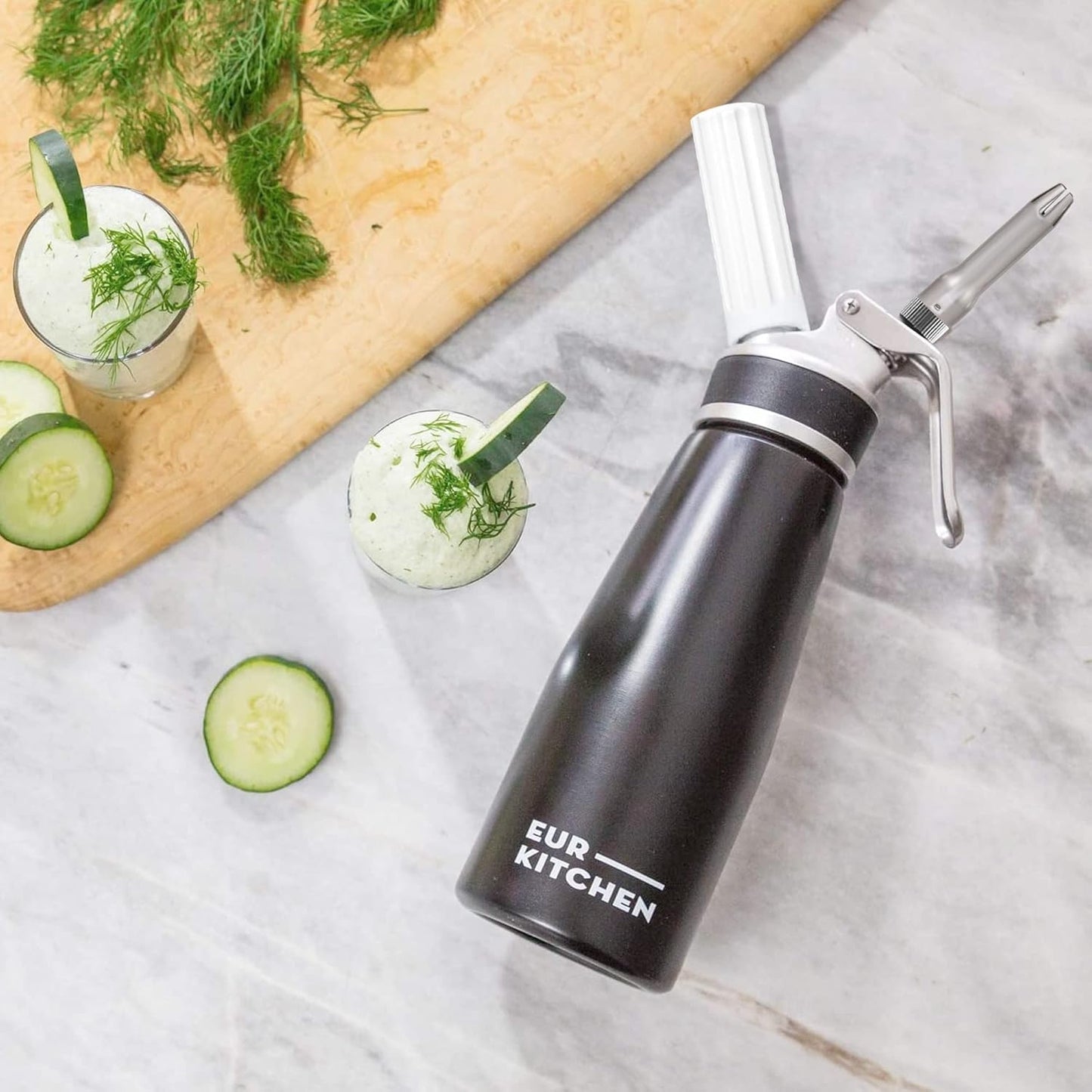 EurKitchen Professional Aluminum Whipped Cream Dispenser - Leak-Free Whip Cream Maker Canister with 3 Decorating Nozzles & Cleaning Brush - 1-Pint / 500 mL - N2O Chargers (Not Included)
