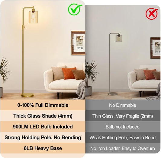 【Upgraded】Gold Dimmable Floor Lamp for Living Room with Amber Glass Lampshade, Glass Modern Floor Lamp with 900LM Bulb Included, Bright Standing Tall Lamp for Bedroom, Office, Reading Room, Corner