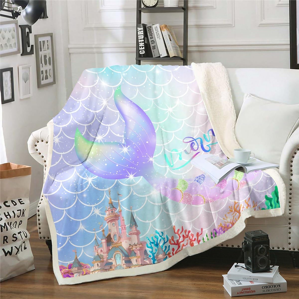 Mermaid Tail Bed Blanket Cartoon Mermaid Scale Blanket for Girly Toddler,Little Girls Mermaid Decor Throw Blanket Dreamy Sealife Fleece Blanket Sparkle Coastal Creature Couch Sofa Decor 50"x60"
