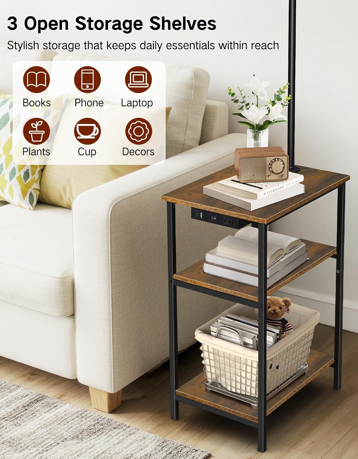 Floor Lamp with Table & Rattan Shade, Side End Table with Charging Station, Dimmable Nightstand with 3 Color Temperatures, 1-Hour Timer, 12W LED Bulb, for Living Room, Bedroom(Rustic Brown)