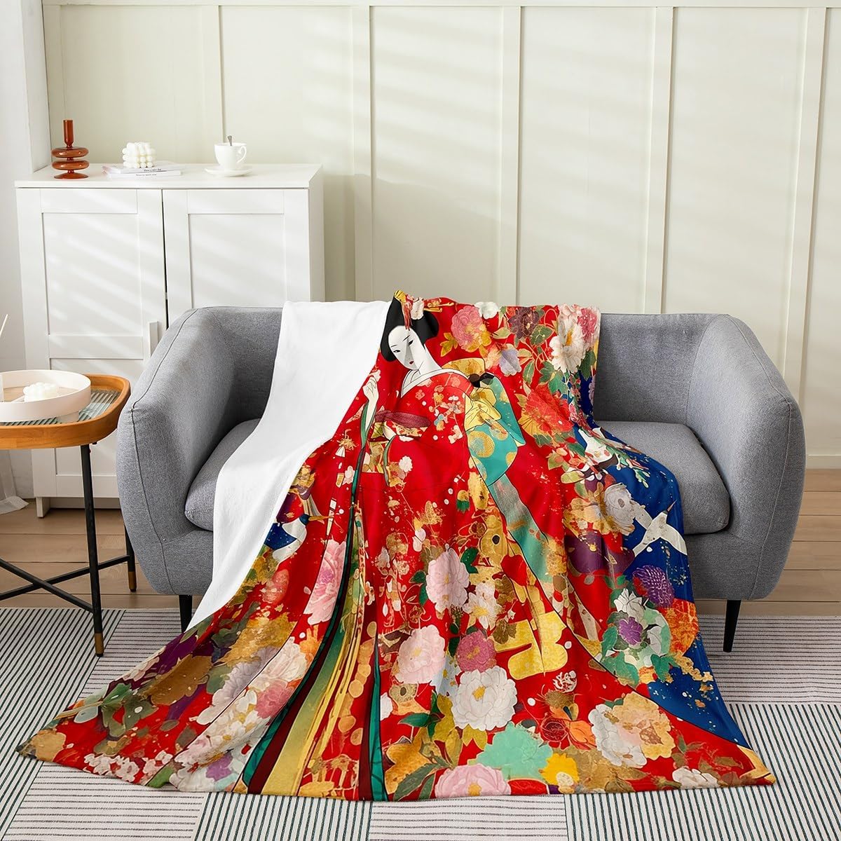 Japan Geisha Girls Flannel Fleece Blanket Throw 50"x60" for Kids Adults Women Japanese Style Floral Flower Plush Throw Blanket Japanese Ukiyoe,All Season for Bed Sofa Couch Hokusai Pattern