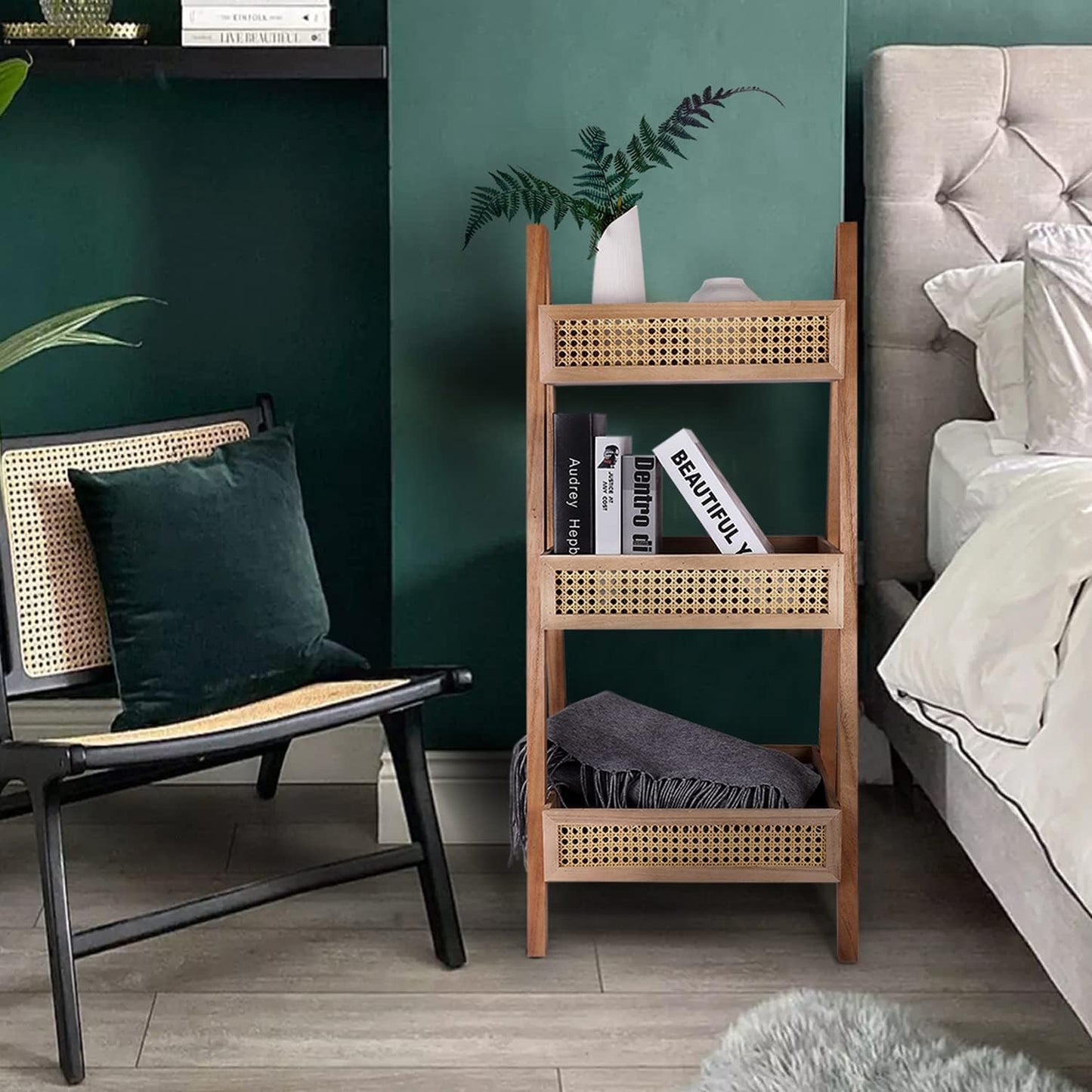 ZYBT Ladder Bookshelf, 3-Tier Rattan Bookshelf, Free Standing Bookcase, Blanket Ladder, Wood Organizer Storage Shelves for Living Room Bedroom Kitchen Balcony and Home Office