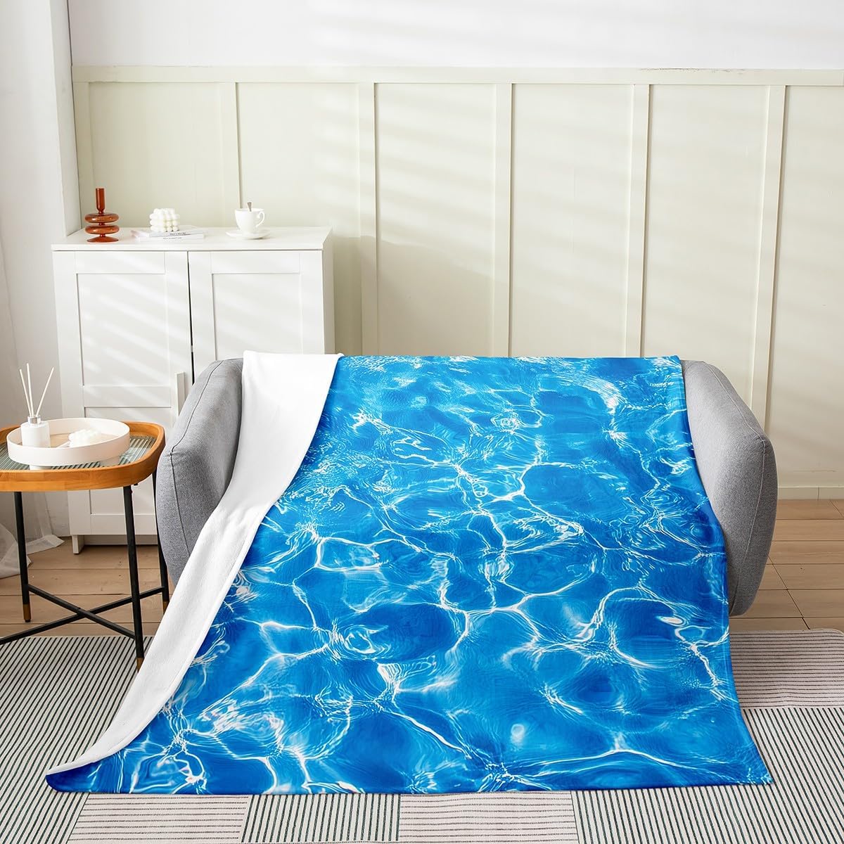 Swimming Pool Bed Blanket,Blue Water Ripple Abstract 3D Flannel Blanket for Room Decor,Summer Underwater Geometric Fleece Blanket for Sofa Dorm Decor,Throw 50"x60"