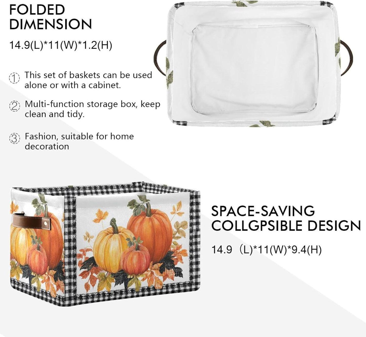 Thanksgiving Day Storage Basket, Leaves Pumpkin Autumn Foldable Fabric Collapsible Storage Bins Organizer Bag for Clothes