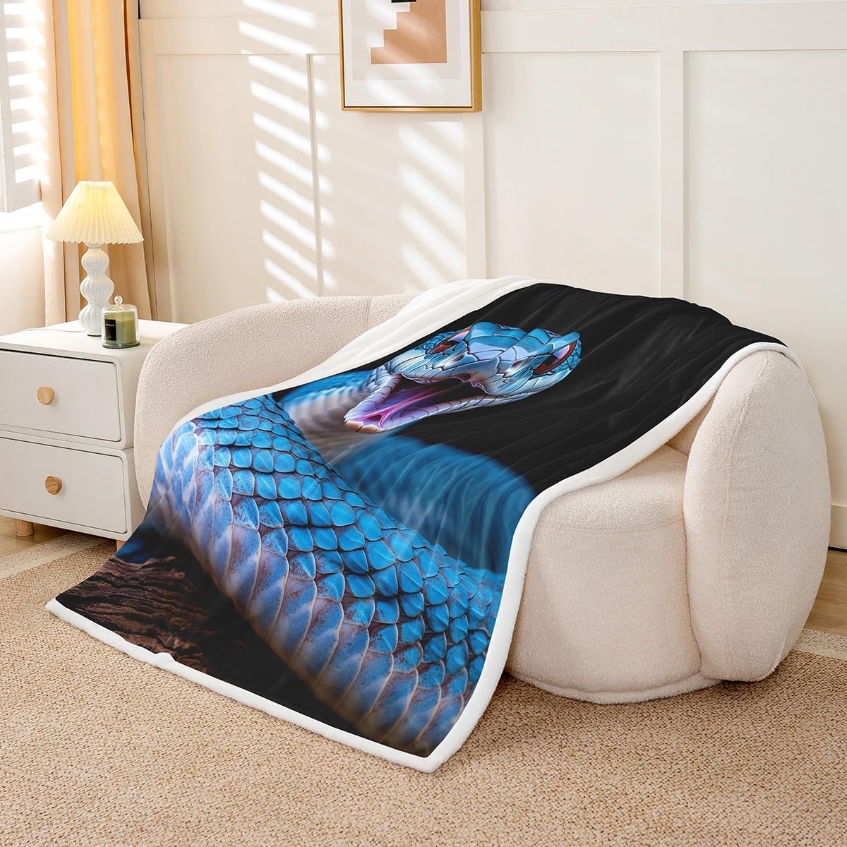 3D Snake Bedding Sets, Reptile Sherpa Fleece Blanket Throw Blanket, Wild Blue Snake Print Soft Blanket Warm Cozy Plush Blanket, Nature Animal Throw Blanket for All Seasons Bed Sofa Throw 50"x60"