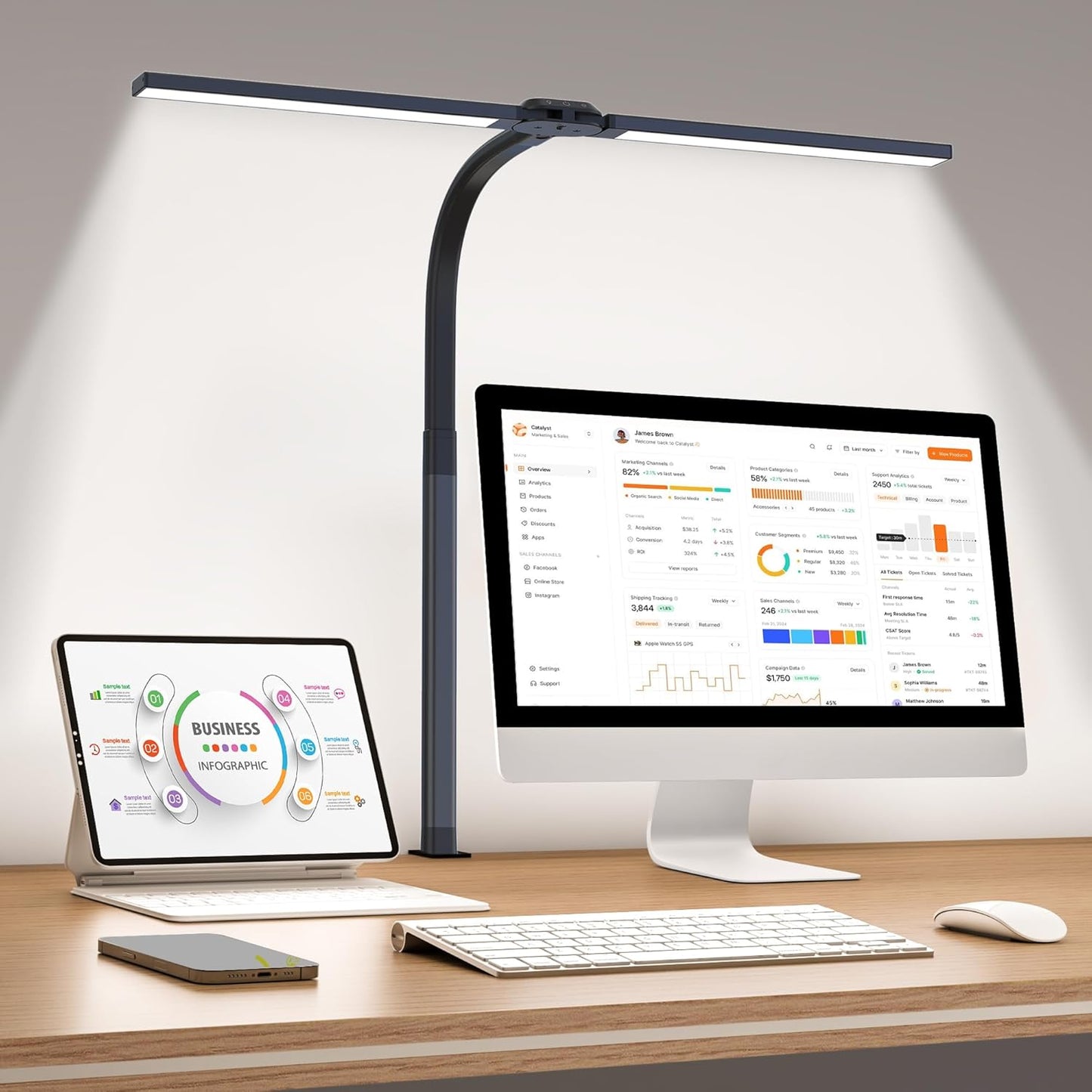 LED Desk Lamp for Home Office, Eye-Caring Desk Light with Clamp, 24W Double Head Architect Task Lamp Stepless Dimming, Flexible Gooseneck Bright Table Lamp for Study Reading Workbench Drafting