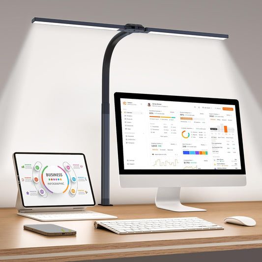 LED Desk Lamp for Home Office, Eye-Caring Desk Light with Clamp, 24W Double Head Architect Task Lamp Stepless Dimming, Flexible Gooseneck Bright Table Lamp for Study Reading Workbench Drafting