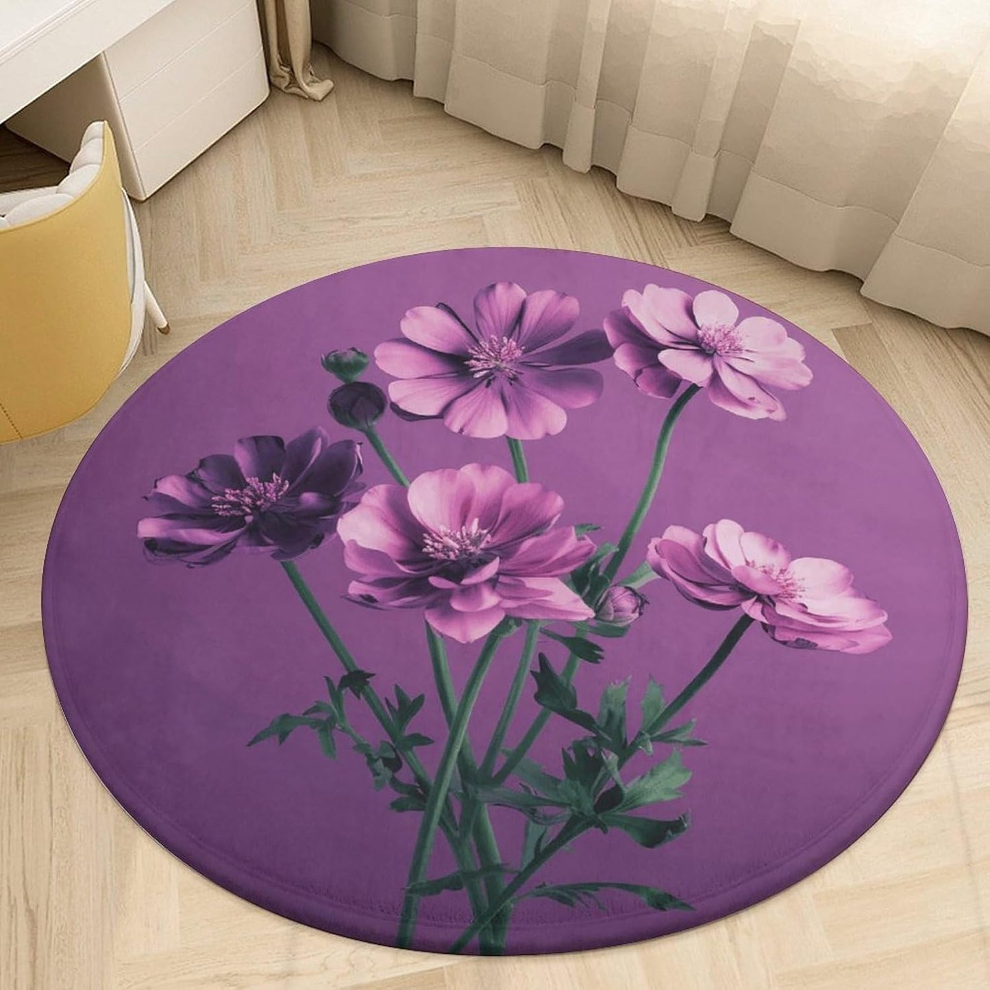 Beautiful Purple Flowers Circle Rug Retro Luxury Coral Velvet Floor Mat Non Slip Soft Indoor Floor Carpet Comfy Thickened Area Rugs Modern Aesthetic Minimalist Carpets for Home Decor
