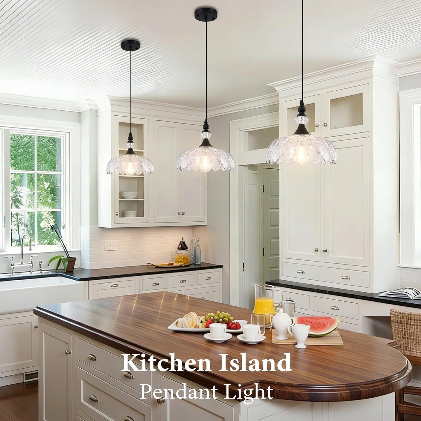 Vintage Pendant Light, Matte Black Pendant Light with Glass Shade, Farmhoue Pendant Light Fixture, Pendant Lighting for Kitchen Island, Dinnng Room, Living Room, Bedroom, Hallway