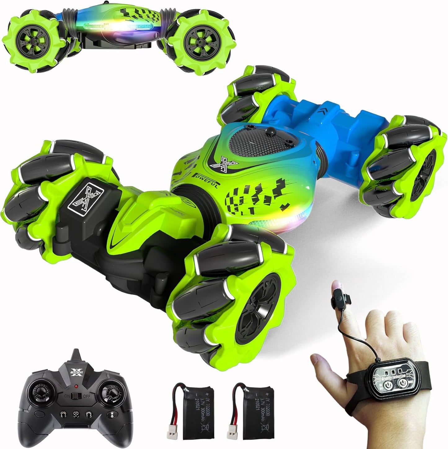 Gesture RC Car Green, 1:24 4WD Transform Off-Road Stunt Car with Gesture & Remote Control, 360° Flips Drift Vehicle with LED Lights Music, All Terrain Toy Cars Gifts for Boys Girls Age 6-12