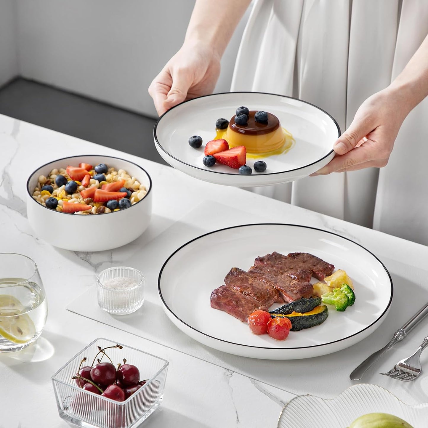 MALACASA Plates and Bowls Sets, 12 Pieces Modern Porcelain Dinnerware Set for 4 White Kitchen Dinner Dining Ware Set wtih Black Rim Ceramic Dishware Dishes Microwave and Dishwasher Safe, Series LUNA