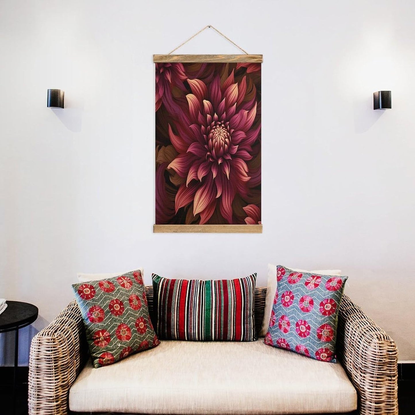 Vintage Wine Red Artistic Flower Poster with Wooden Frame Personalized Linen Hanging Scroll Painting Rustic Wall Hanging Illustrative Modern Artwork Decor for Home Living Room Bedroom Office
