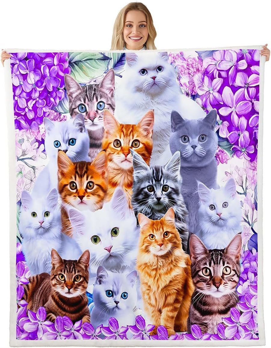 Feelyou Cute Cat Sherpa Blanket Pet Funny Cats Toddler Fleece Throw Blanket for Kids Boys Girls Lovers Cat Floral Purple Fuzzy Blanket for Sofa Bed Couch Feline Animal Lovely Decor,Twin 60x80 Inches