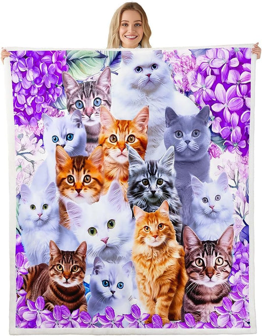 Feelyou Cute Cat Sherpa Blanket Pet Funny Cats Toddler Fleece Throw Blanket for Kids Boys Girls Lovers Cat Floral Purple Fuzzy Blanket for Sofa Bed Couch Feline Animal Lovely Decor,Twin 60x80 Inches