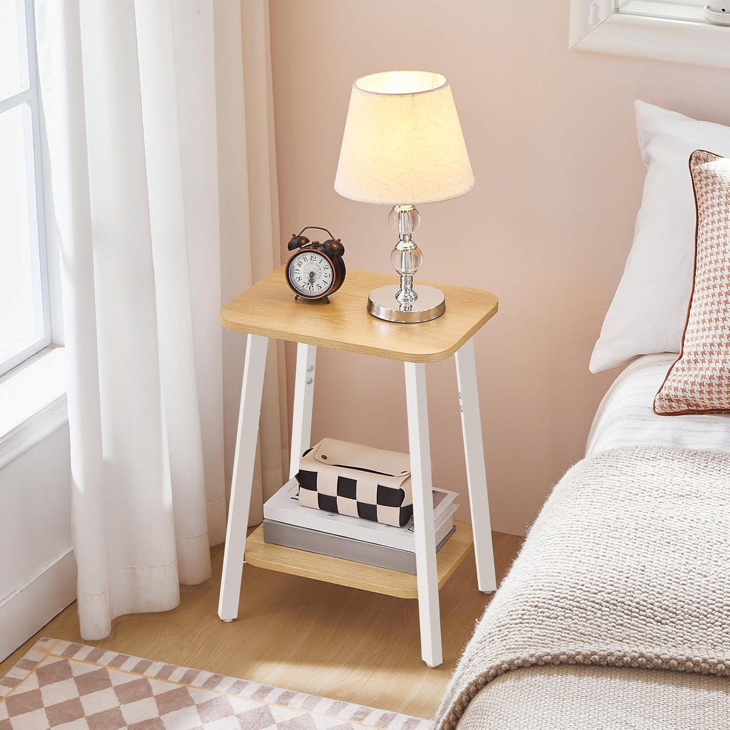 Side Table, Small Rectangular End Table with Storage Shelf, 2-Tier Bedside Table Sofa Couch Table, Nightstand for Small Spaces, Living Room, Bedroom, Natural ETBN4701