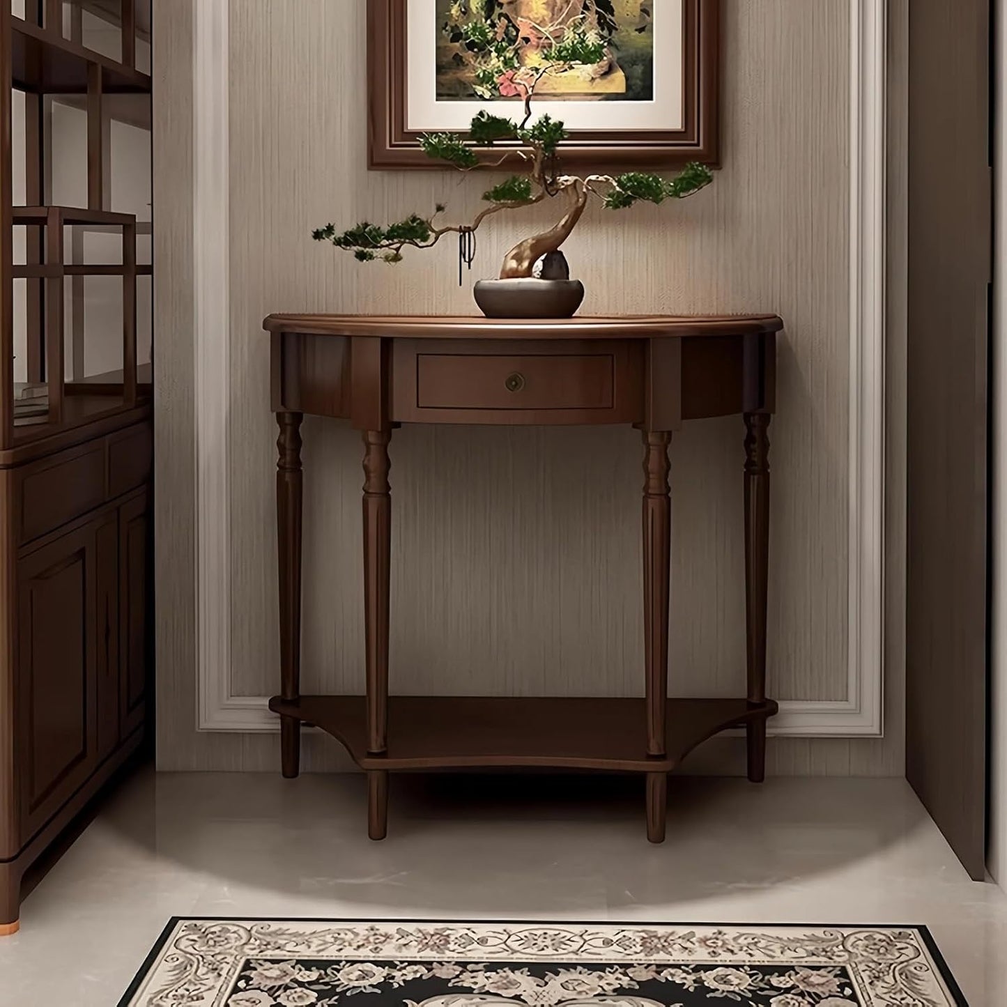 Half Moon Console Table,Solid Wood Console Tables for Entryway,Rounded corners, drawer design,with Storage Shelf,Roman column legs,for Living Room, Entrance, Hallway.(Dark Walnut,23.6*11.8*31.5in)