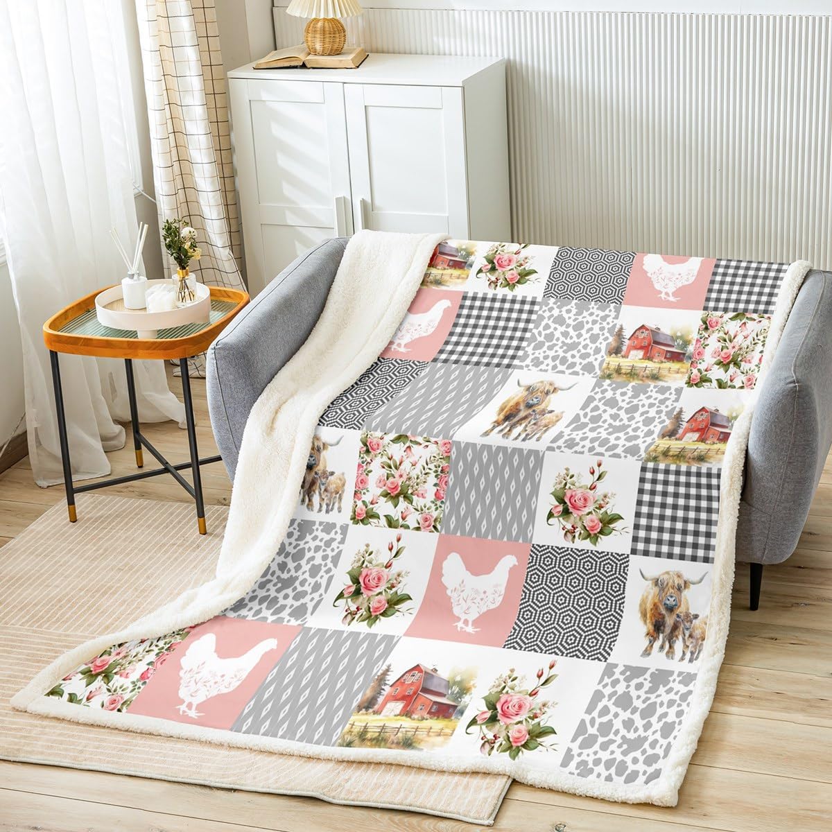 Farmhouse Barn Flannel Blanket,Chicken Highland Cow Flowers Grid Fuzzy Blanket Children Present,Rustic Pink Patchwork Geometric Polyester Throw Blanket Couch, Twin Size (60 x 80 Inch)