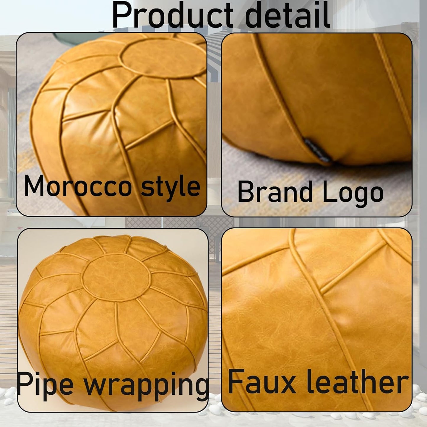 Louis Donné Moroccan Pouf Cover Unstuffed Waterproof Faux Leather Ottoman Foot Rest, Round Storage Bean Bag Chair for Stuffed Animals, Boho Floor Cushion for Living Room Patio, (Yellow)