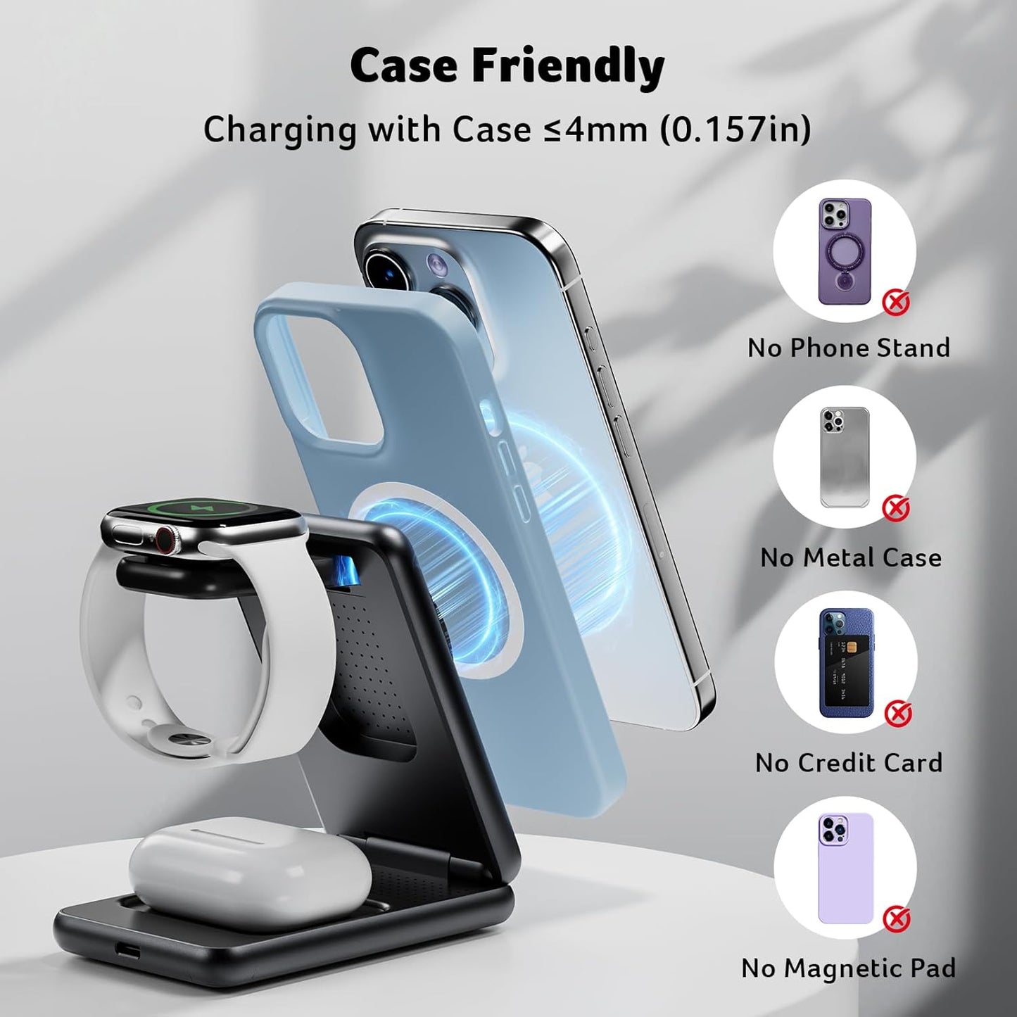 Acer 3 in 1 Charging Station for iPhone, Wireless Charger Stand,15W Fast MagSafe Charger for iPhone 17 16 15 14 13 12 Series-Apple Watch 11 10 9 8 7 6 5 4 3 2 SE and Ultra Series-Airpods 4 3 2 Pro