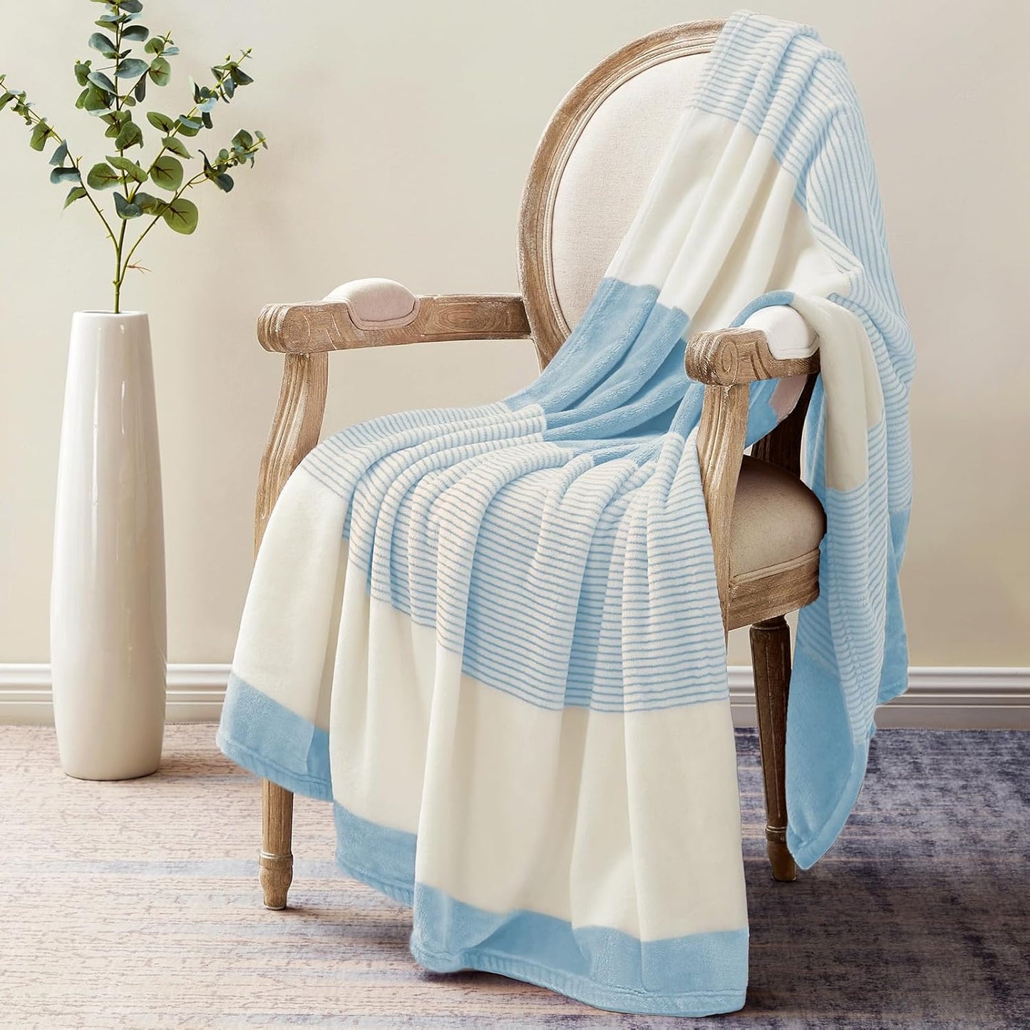 Homelike Moment Fleece Throw Blanket for Couch, Blue Soft Fluffy Blankets Throws, Fuzzy Cozy Plush Flannel Blanket for Sofa, Comfy Warm Lightweight Bed Blanket Striped (Light Blue, 50x60IN)