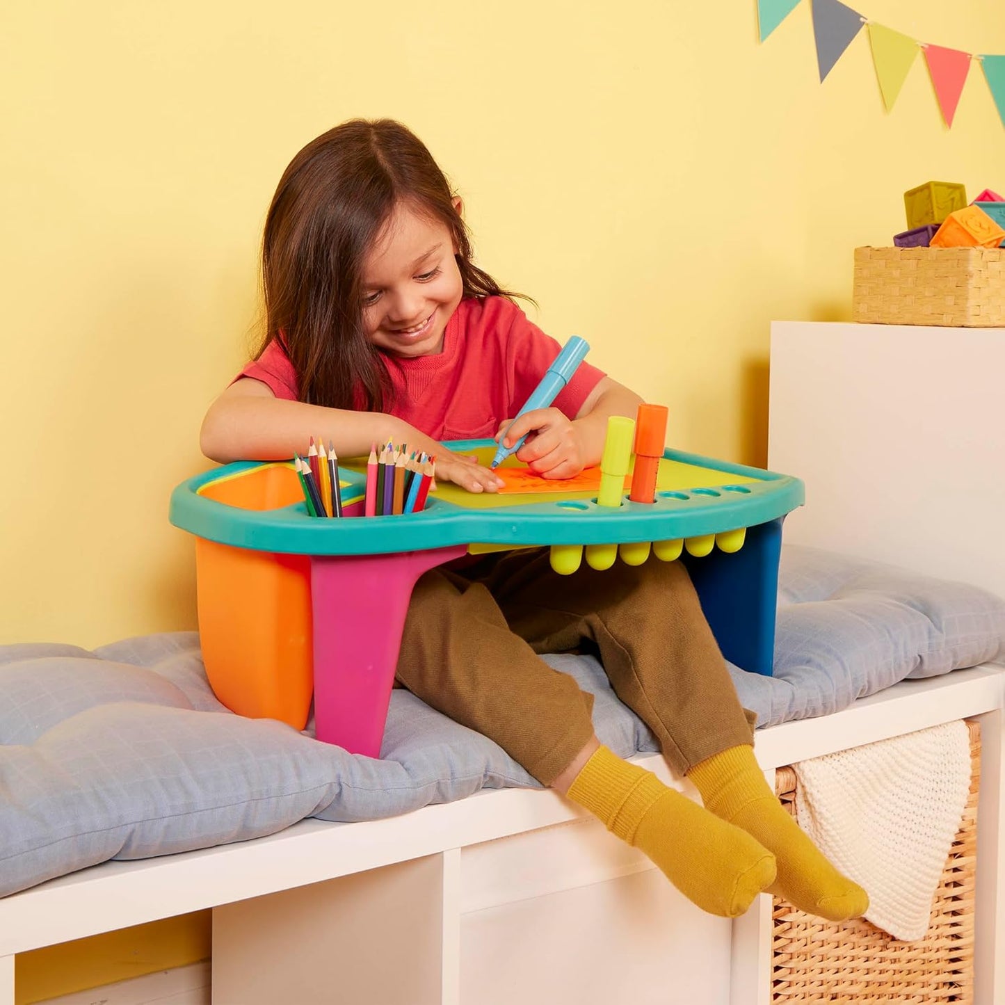 B. toys – Imagination Station – Creative Kids Lap Desk – Lap Desk for Art, Coloring, Writing – Portable Table with Storage Space – Reusable Sticker Set – 3+ Years