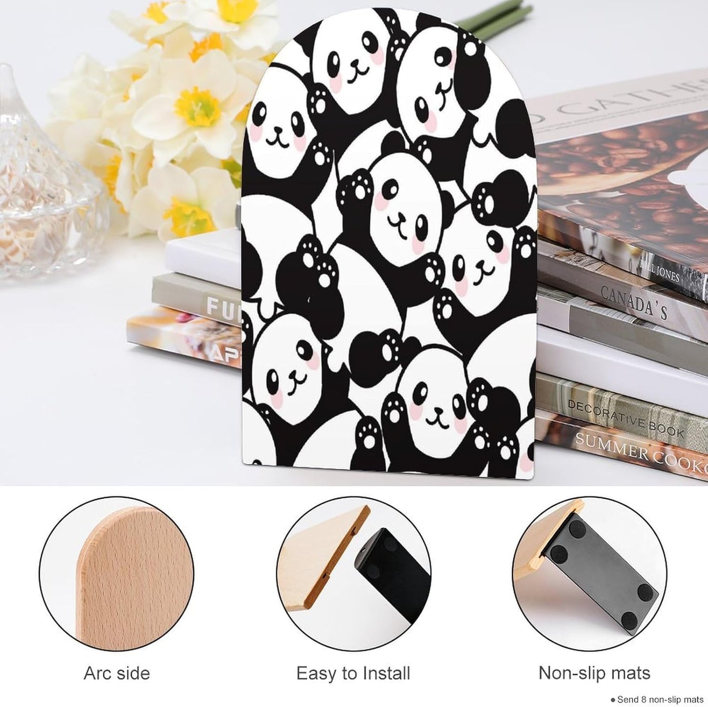 Panda Wooden Bookend Non-Slip Book Ends Heavy Duty Book Stopper with Metal Base Books Holderd Decorative Bookends Stands Firmly for Office Supplies
