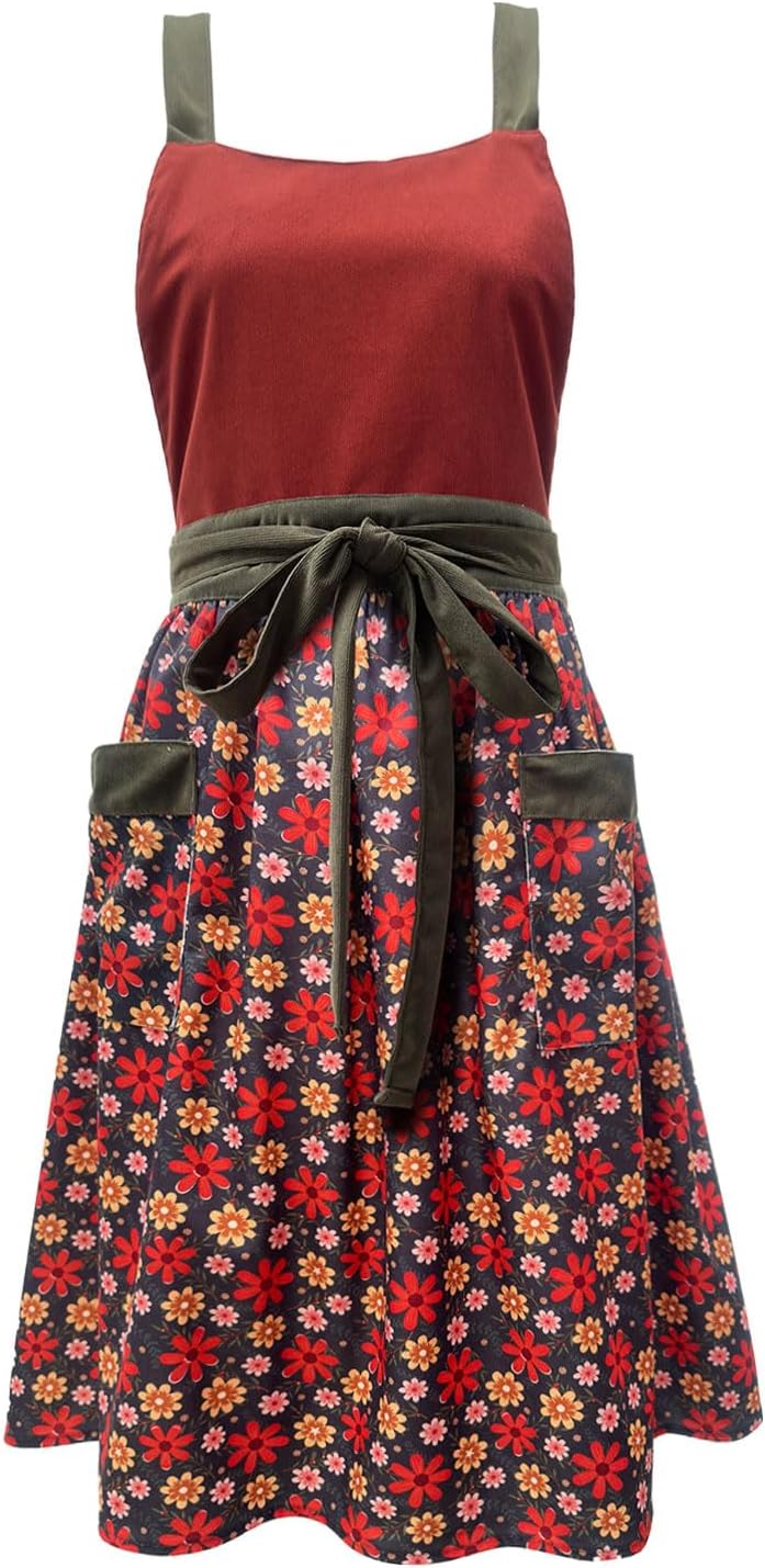 Uaussi Pinafore Apron Dress for Women Adjustable Floral Work Aprons for Kitchen Cooking Baking Gardening with Pockets