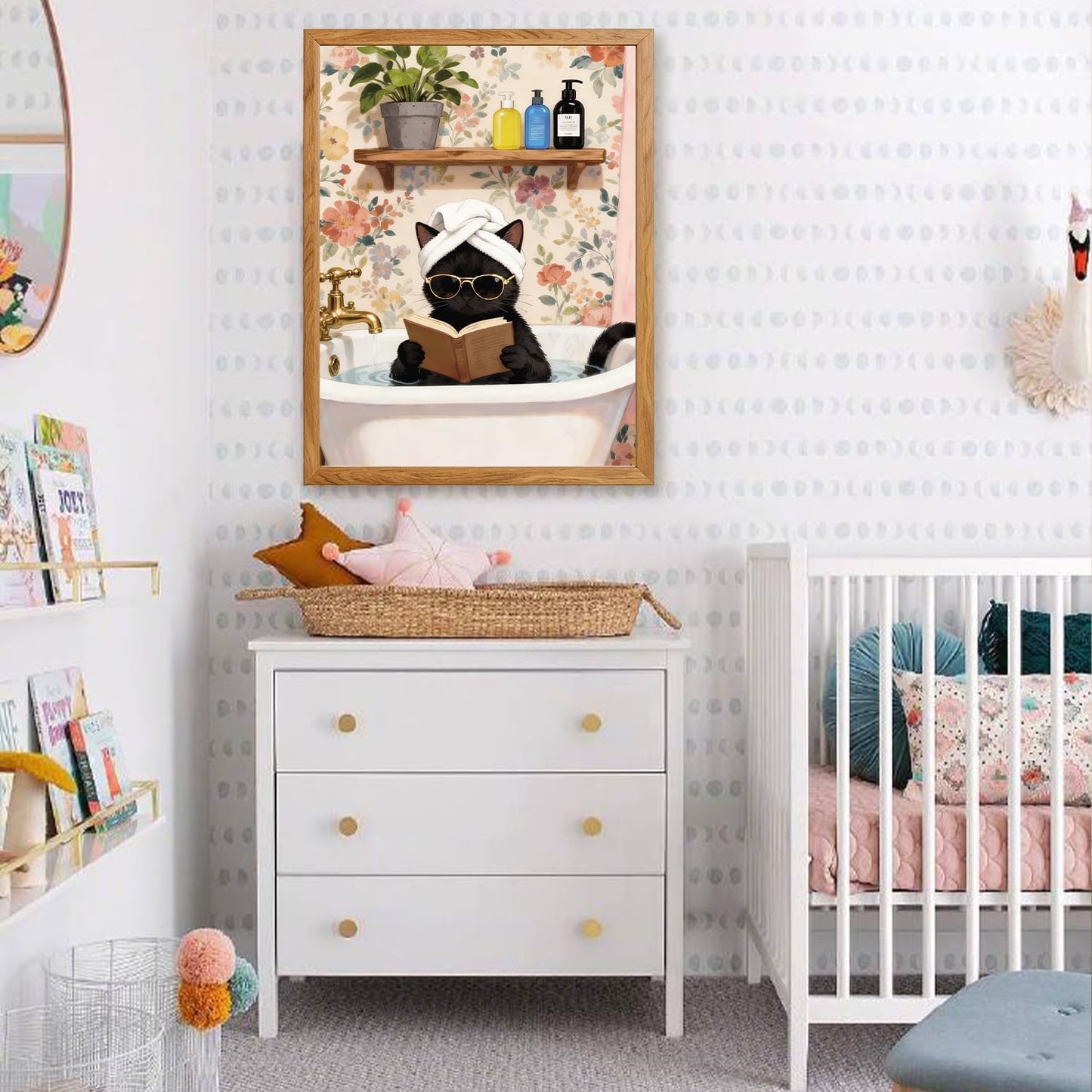 Framed Funny Cat Wall Art, 12" x 16" Canvas Tub Black Cat Reading Books Bathroom Wall Art, Vintage Aesthetic Lover Animal Prints for Room Bedroom Bathroom Living Room Home Office