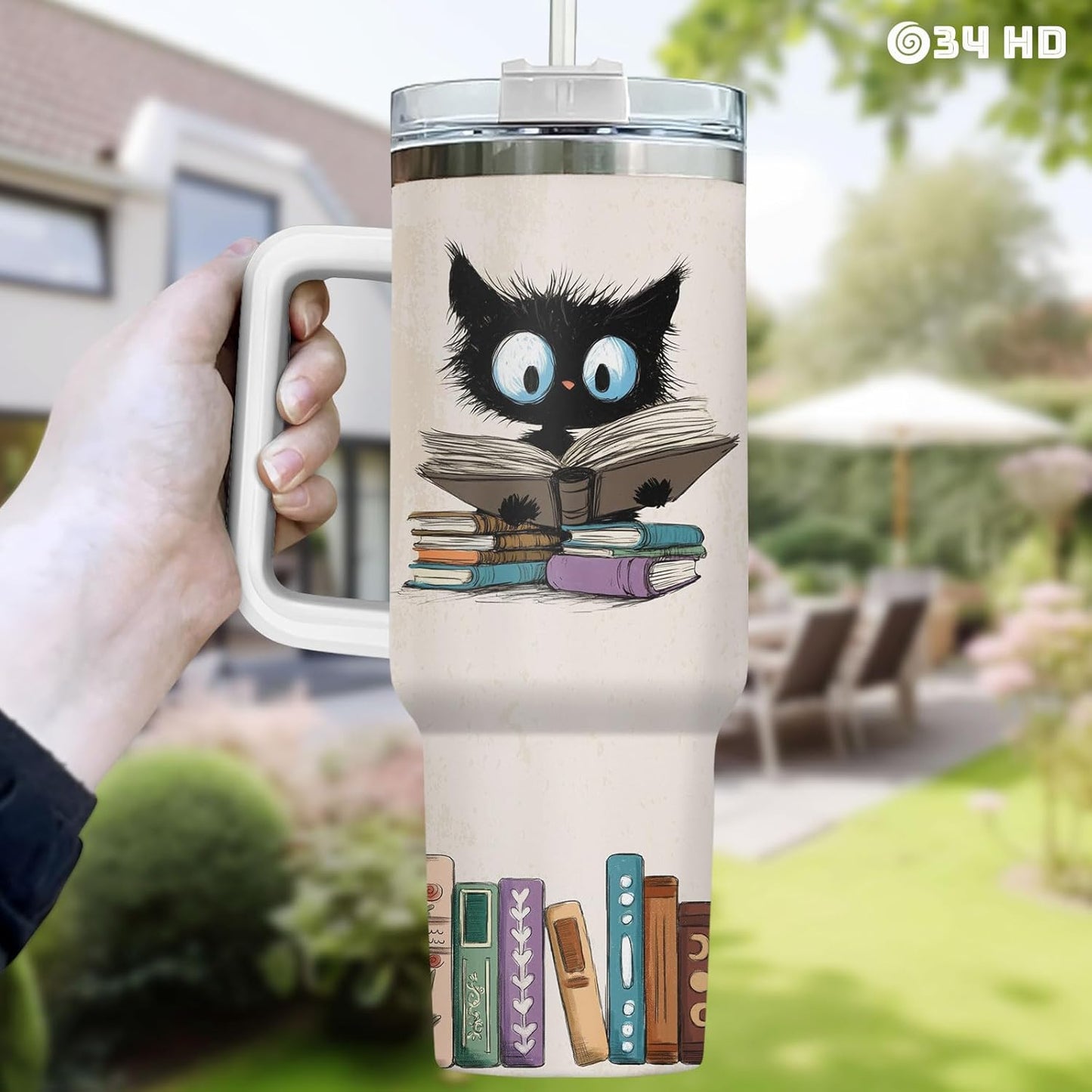 34HD Cat Book Tumbler 40oz with Handle Lid and Straw, Funny Once Upon a Time Girl Loves Bookish Items Vacuum Insulated Travel Mug, Birthday & Mother's Day Gifts for Pet Lovers & Him Her