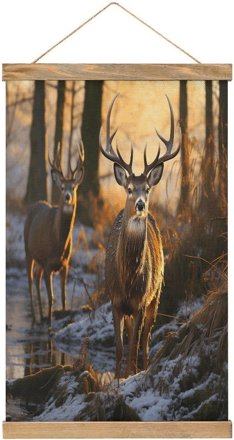 Vintage Deers Picture Poster with Wooden Frame Personalized Linen Hanging Scroll Painting Rustic Wall Hanging Illustrative Modern Artwork Decor for Home Living Room Bedroom Office