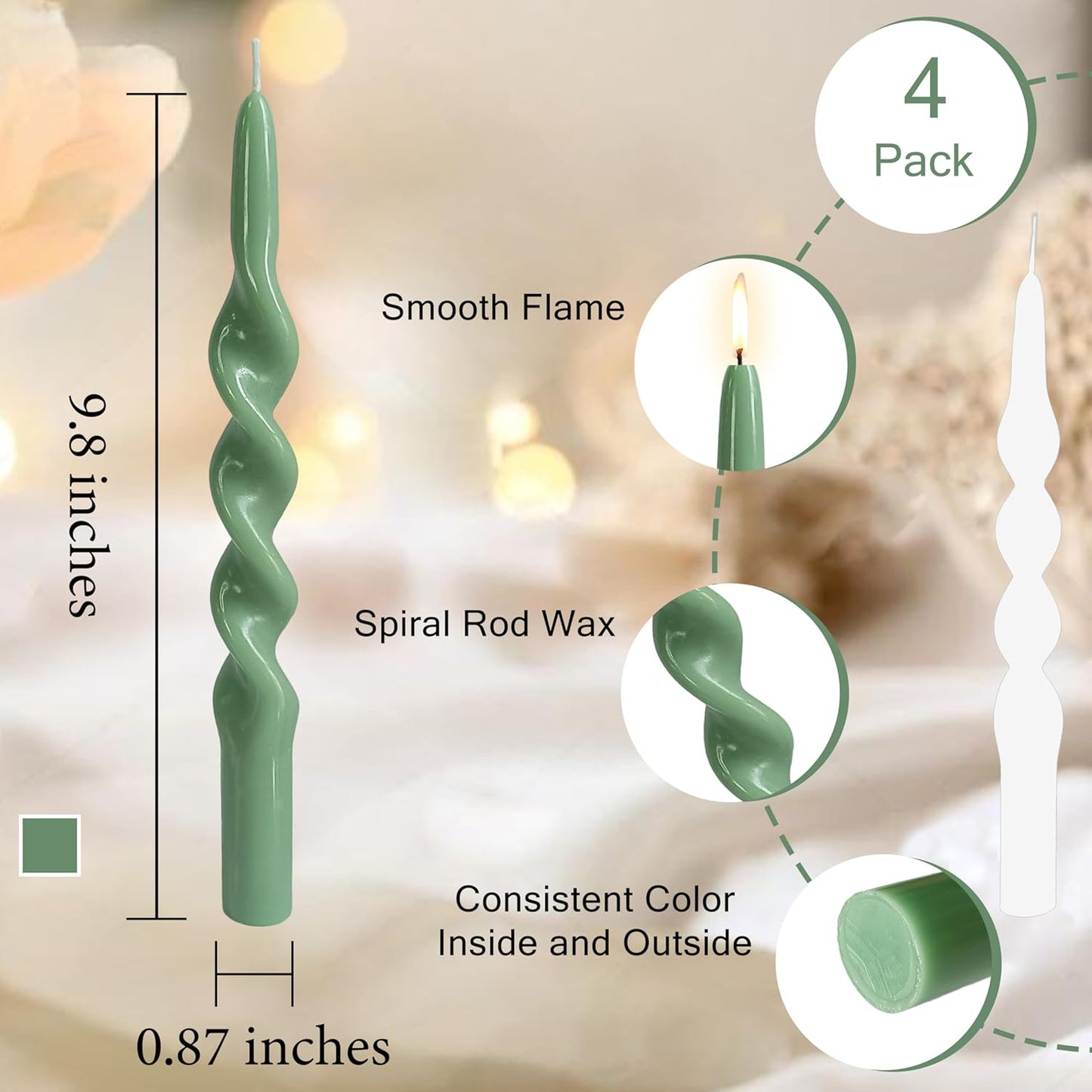 10 Inches Spiral Taper Candles Sticks Sage Green Twisted Candle Dripless Unscented Long Candles, Handmade Candlesticks for Wedding Dinner Decor, Set of 4