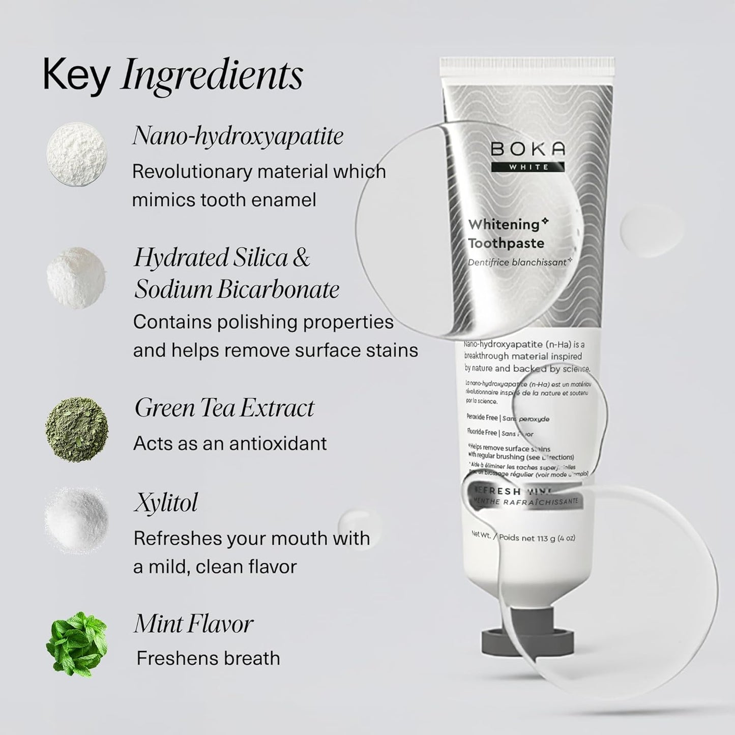 Boka Fluoride Free Toothpaste, Nano Hydroxyapatite Toothpaste, Appropriate for Sensitive Teeth, for Adult, Kids Oral Care - Whitening* Refresh Mint, 4 Fl Oz 1Pk US Manufactured