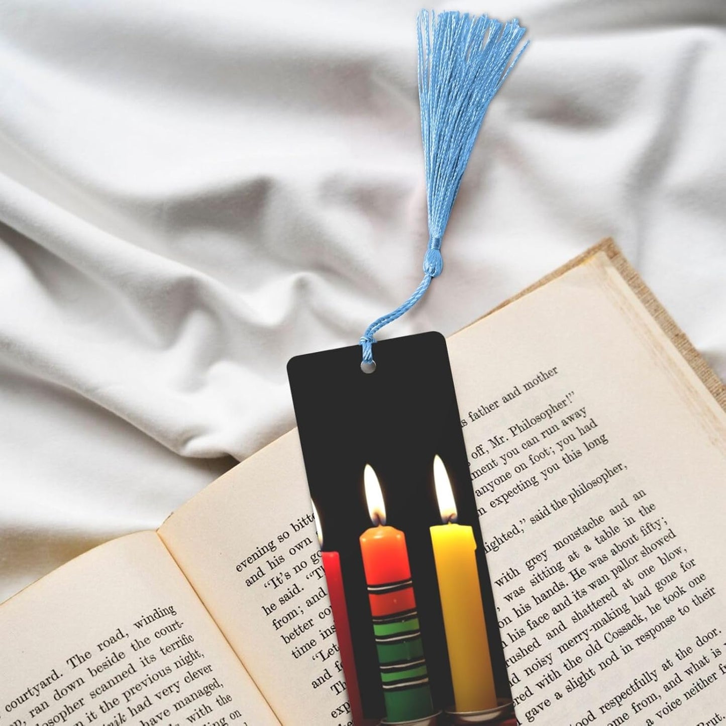 Kwanzaa Candles Metal Bookmarks Handmade Double-Sided Printed Book Marks Page Markers with Sky Blue Tassels Book Accessories Gift for Book Lovers Women Men
