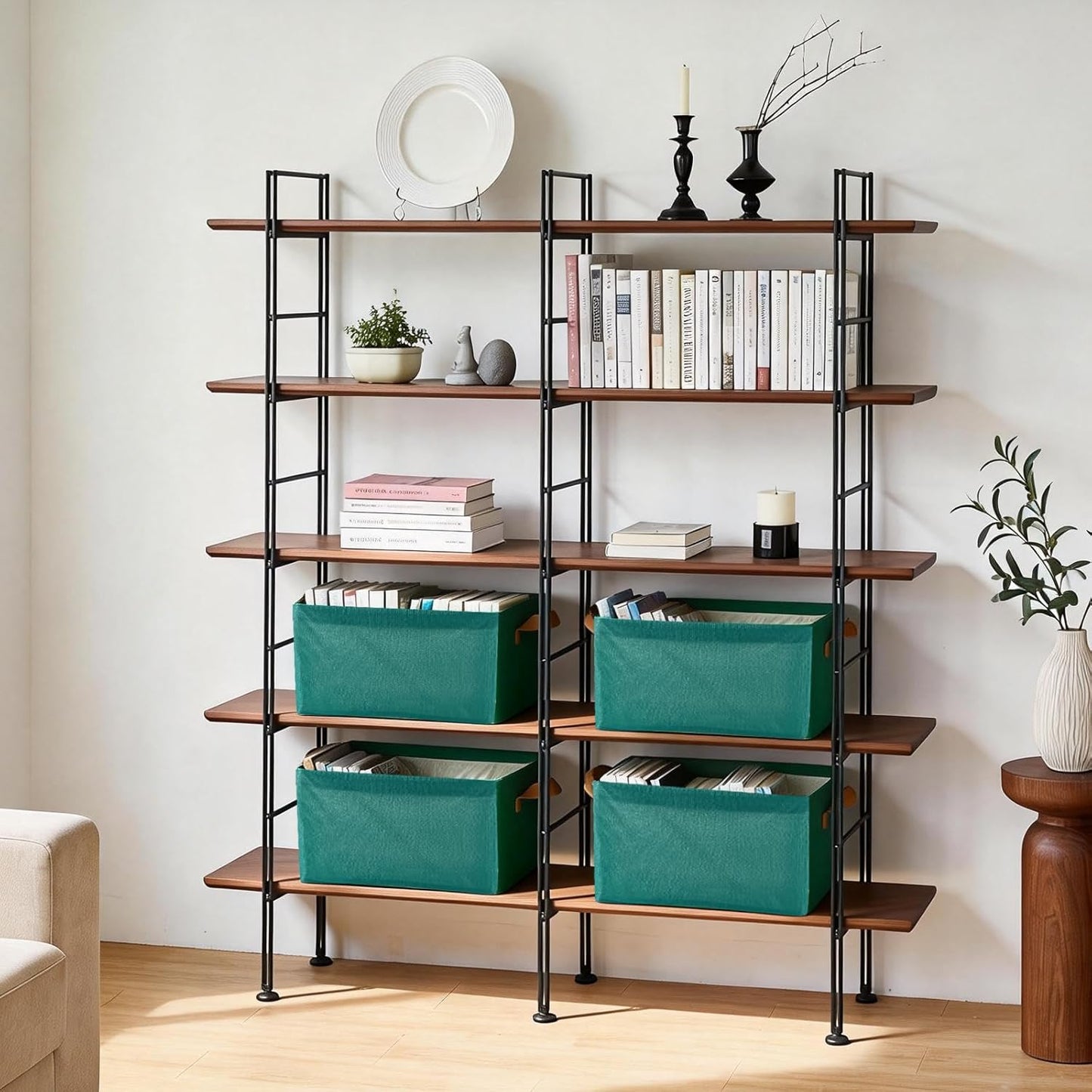 DAYARD Storage Boxes with Metal Frame Support, Open Storage Bins for Closet Organizing, Rectangle (1, green)