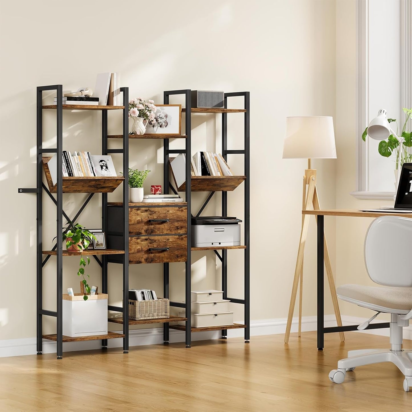 3-Column Bookcase, 55.1" Bookshelf with 2 Non-Woven Fabric Drawers and V-Shaped Shelves, Display Storage Shelf for Living Room, Office, Study, Rustic Brown and Black TSJ03BF