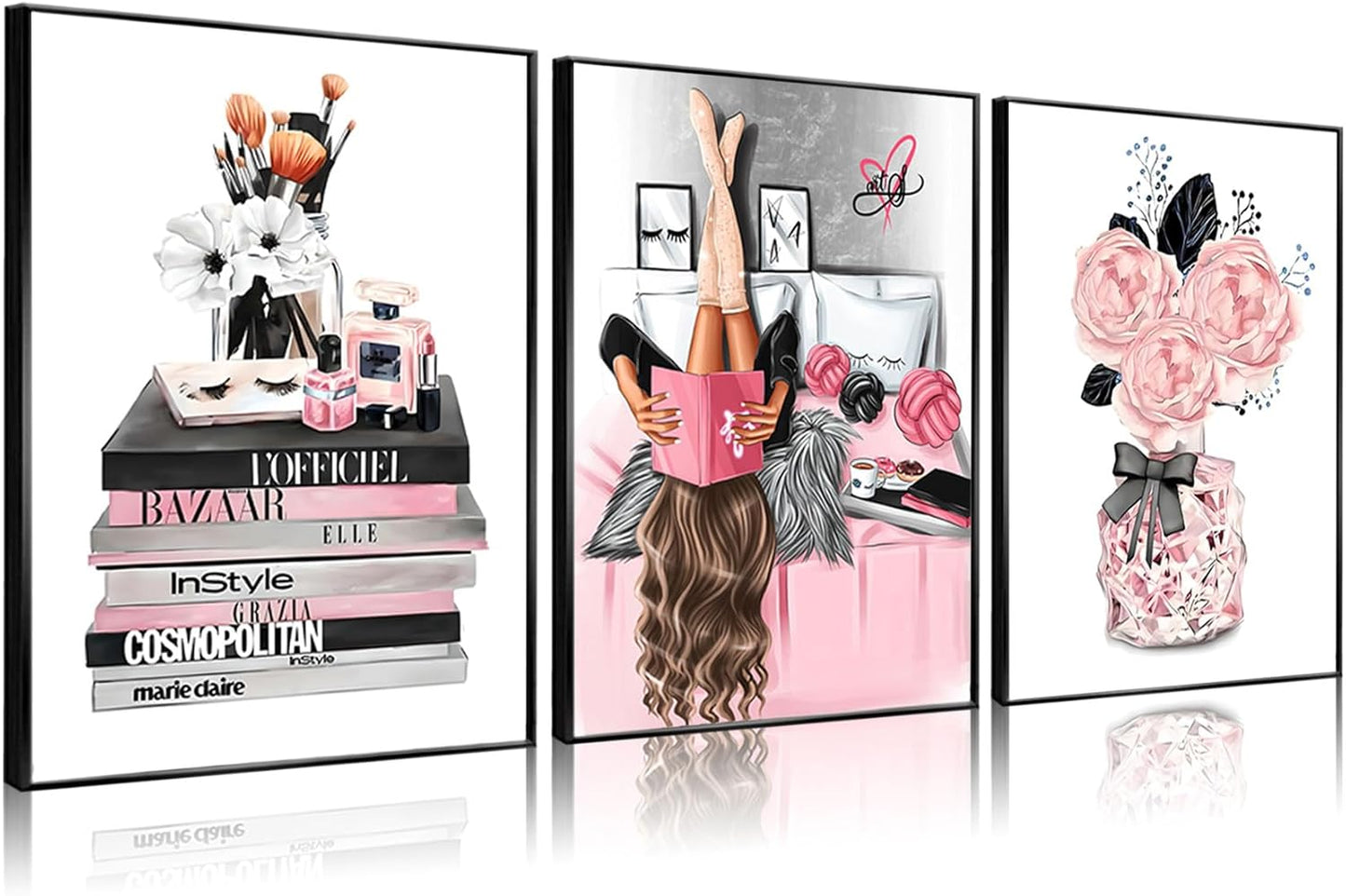 3Pcs Pink Trendy Girls Canvas Wall Art Pictures Fashion Girl Reading Book Posters Print Stylish Delicate Bathroom Bedroom Makeup Room Beauty Room Wall Decor 16x24in Unframed