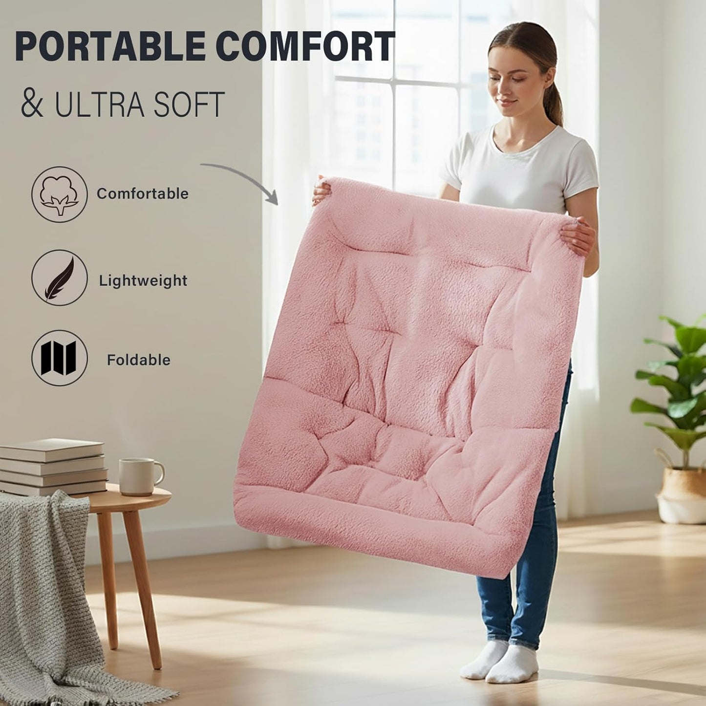 Tiita Folded Chair with Ottoman, Soft Faux Fur Oversized Folding Accent Chair,Lazy Chair, Metal Frame Moon Chair for Bedroom, Living Room, Dorm Rooms, Garden and Courtyard