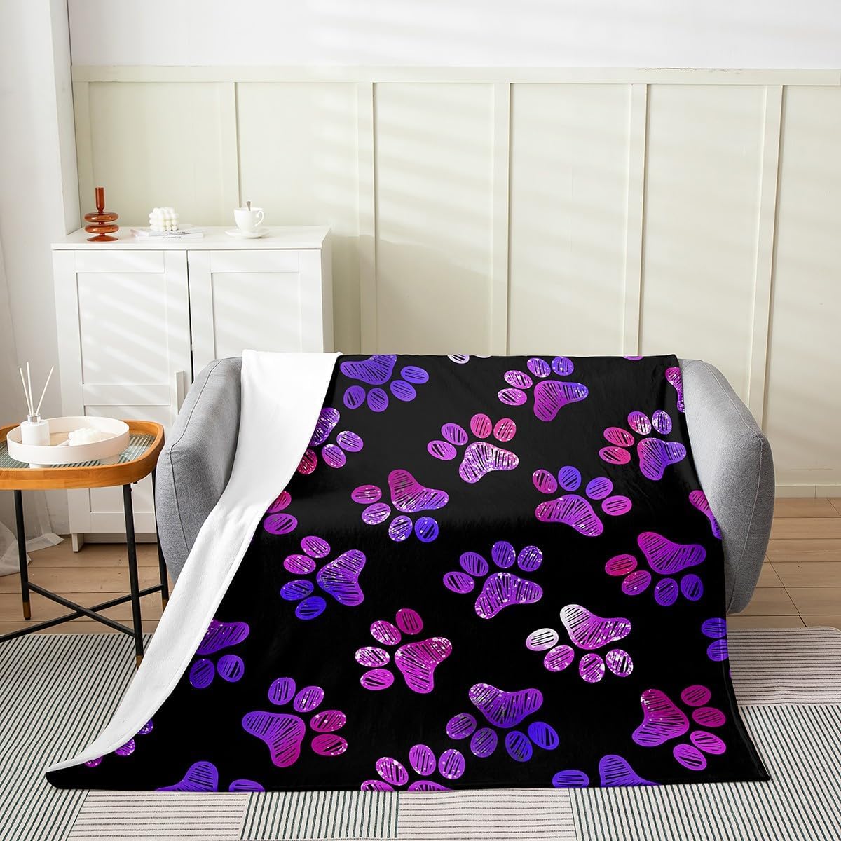 Manfei Paw Print Kids Flannel Blanket Purple Dog Paw Print Throw Blanket for Boys Girls, Animal Footprint Blanket for Bed Couch Sofa, Soft and Breathable Cozy Blanket(90 x 90 Inches)