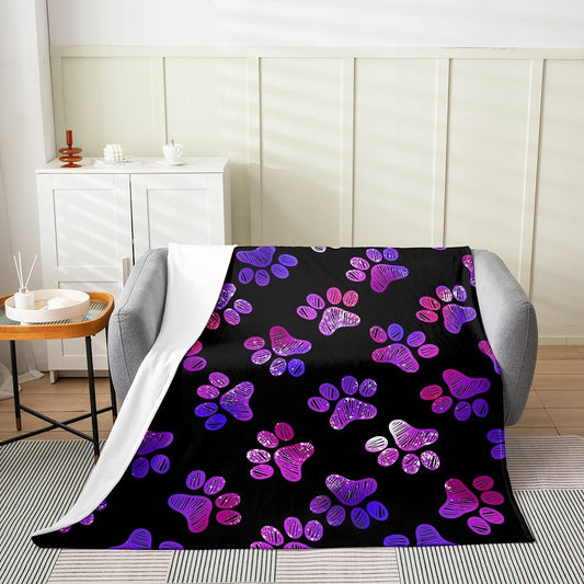 Manfei Paw Print Kids Flannel Blanket Purple Dog Paw Print Throw Blanket for Boys Girls, Animal Footprint Blanket for Bed Couch Sofa, Soft and Breathable Cozy Blanket(90 x 90 Inches)