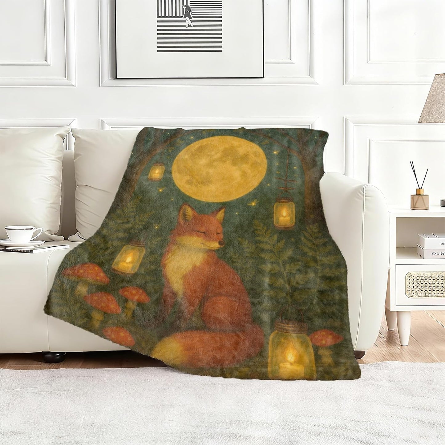 Fox and Full Moon Fleece Blanket Gifts for Kids Girls, Woodland Night Scene Throw Blankets for Women Adults, Cozy Lightweight for Couch Bed Room Home Decor, 50x60 in