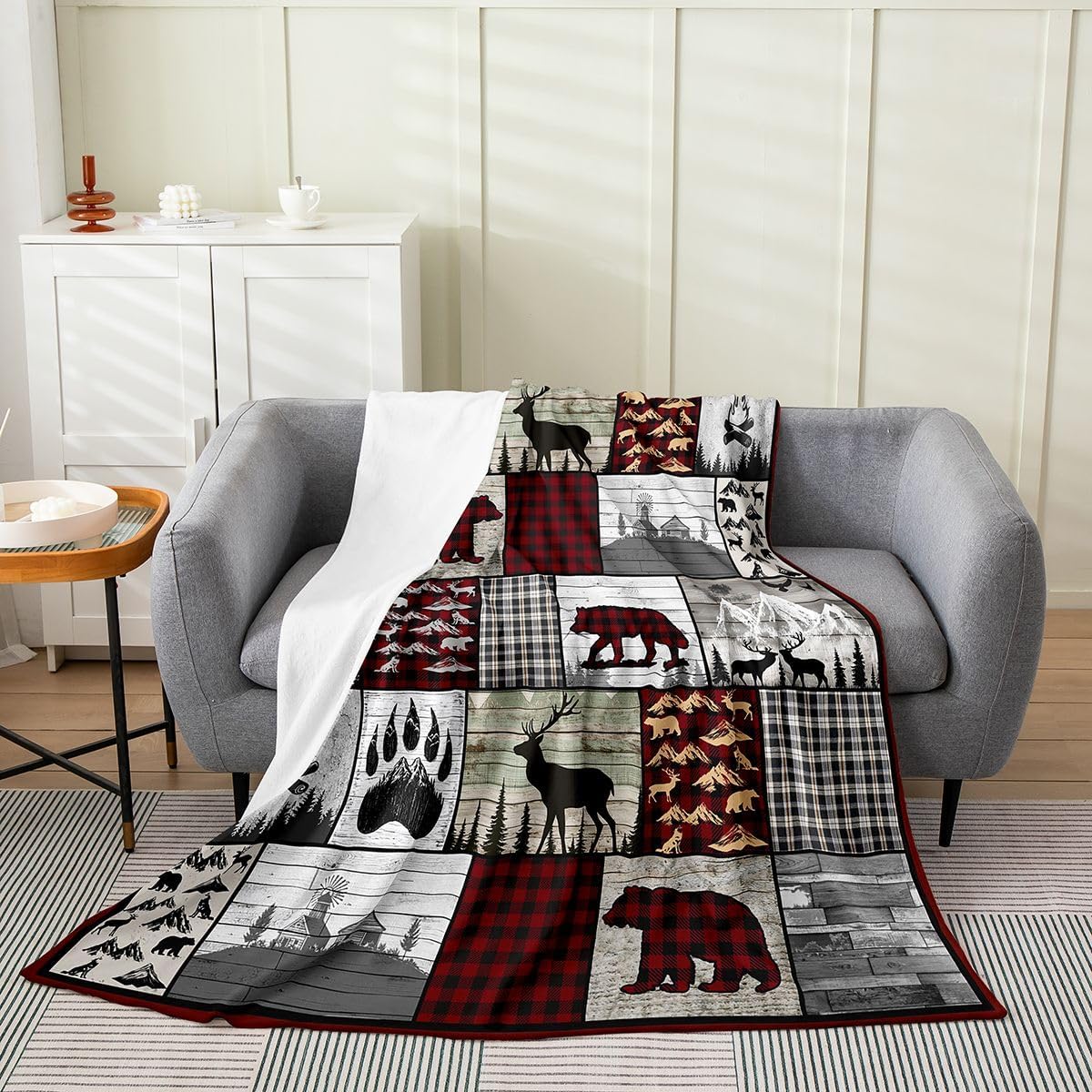 Feelyou Deer Wolf Print Flannel Fleece Throw Blanket Kids,Rustic Farmhouse Fuzzy Blanket for Bed Sofa Couch,All Season Wildlife Decor Bed Blanket Breathable Plush Blanket Room Decor 40"x50"