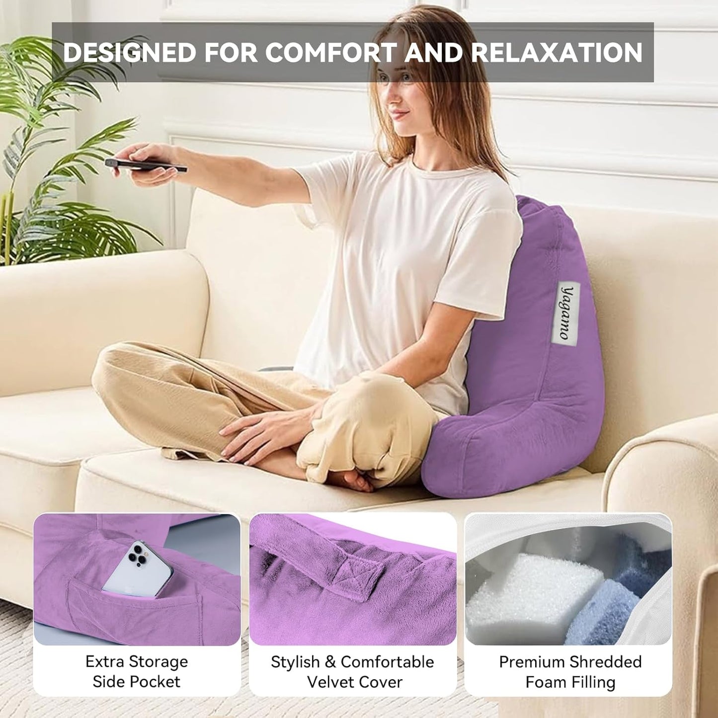 Large Reading Pillow for Bed Sitting Up, Adults and Teens Backrest with Arms, Velvet Back Support Pillow for Sitting on Bed, Sofa, and Couch, Dorm Essentials- Large, Purple