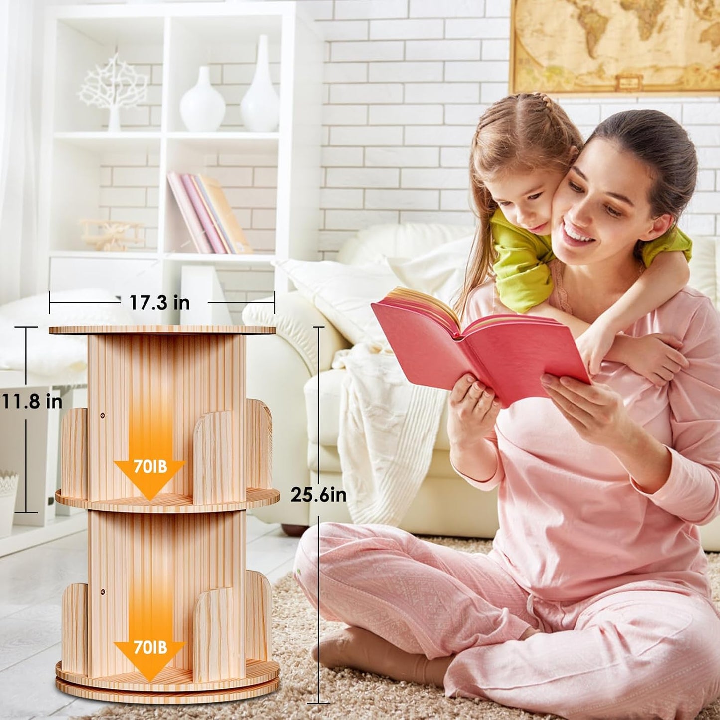 Small Rotating Bookshelf, 2 Tier Revolving Bookcase 360 Display Round Spinning Bookshelf Narrow Swivel Corner Book Shelf Standing Bookcase for Kids Bedroom, Living Room