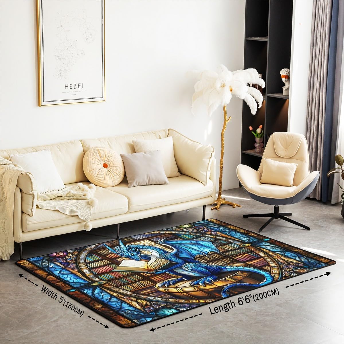 Western Dragon Kids Area Rug,Blue Dragon Reading Book Bookshelf Mats Rugs for Boys Girls,Geometric Patchwork Abstract Bath Carpets,Trippy Chic Bath Rugs,Absorbent Floor Mats,5'x6'6''