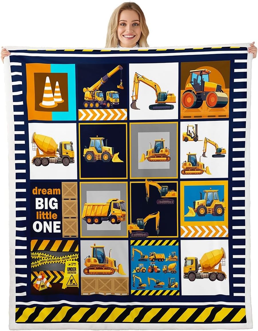Excavator Throw Blanket for Boys Child, Equipment Truck Tractor Blanket, Cartoon Crane Cement Mixer Bulldozer Fleece Blanket 40"x50", Geometric Patchwork Bed Blanket Big Wheel Car Kids Car Room Decor